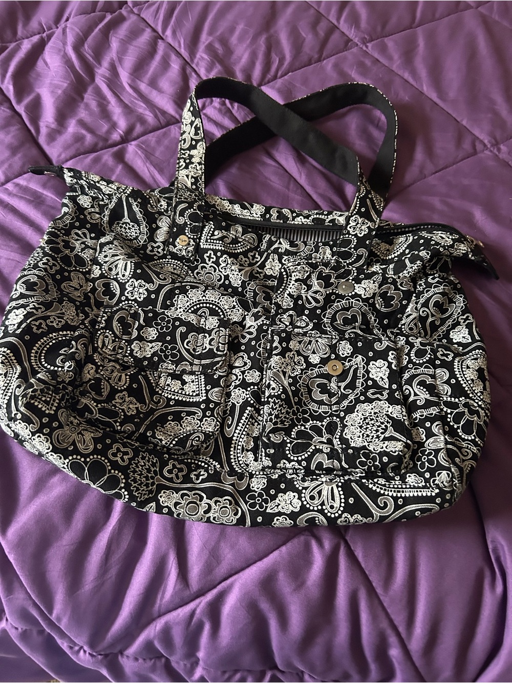 Black and White Paisley Canvas Tote with Front Pockets